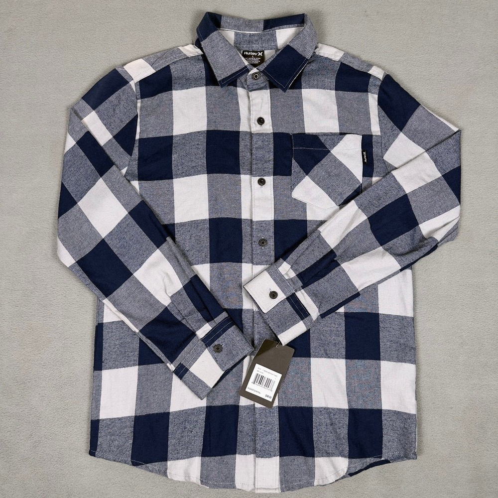 Hurley Boys L Flannel Shirt Navy Blue Buffalo‎ Plaid NWT Brushed Midweight